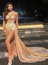 Champagne Sequin Spaghetti Straps Prom Dress Split LBQ0989